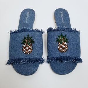 denim sandals pineapple embellished slides 9B